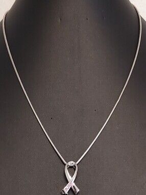Simon Chang Silver Ribbon Pendant Necklace with Pink Accents